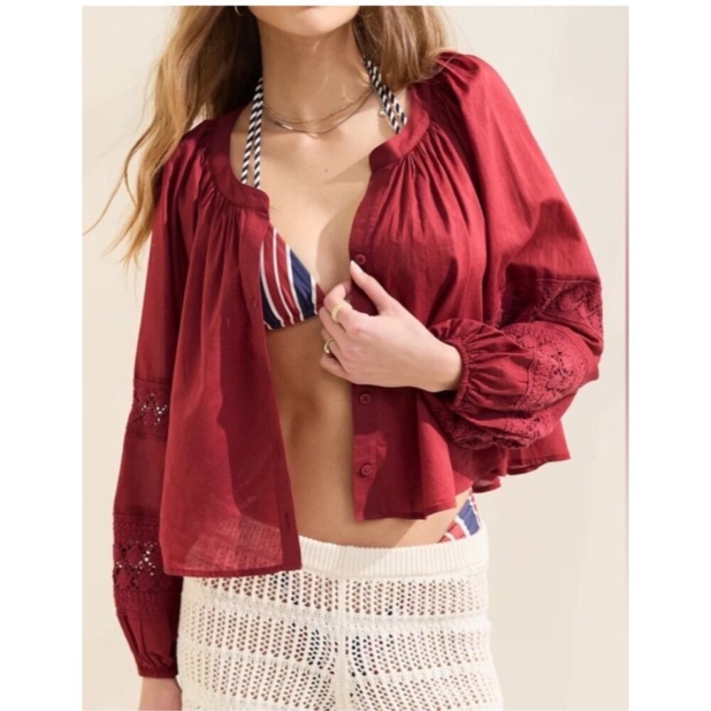 AERIE Long sleeve Crochet Oversized Blouse Size Medium in Burgundy